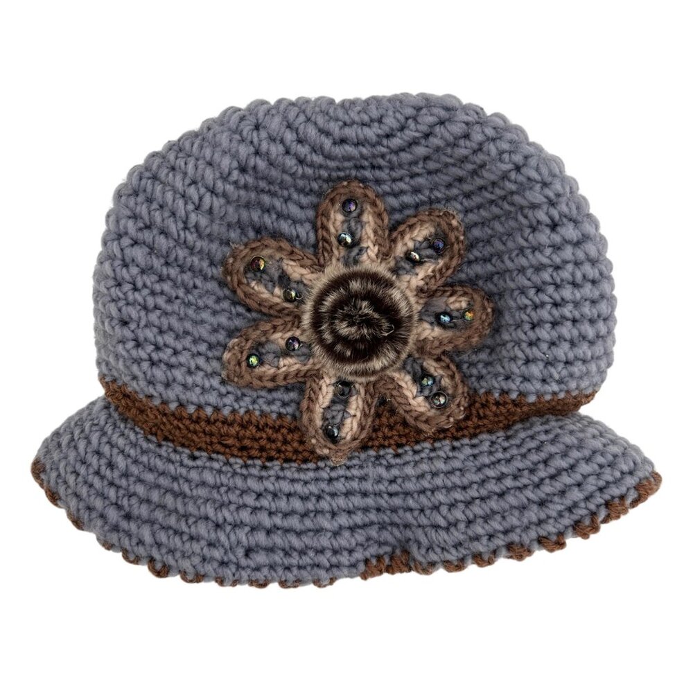 Vintage Inspired Cloche Crochet Knit Faux Fur‎ Flower Beanie Bucket Hat
